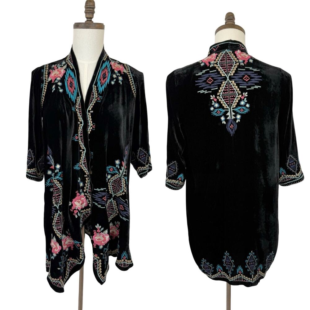 Johnny Was Aveza Open-Front Velvet Embroidered Cardigan Light Jacket Black M